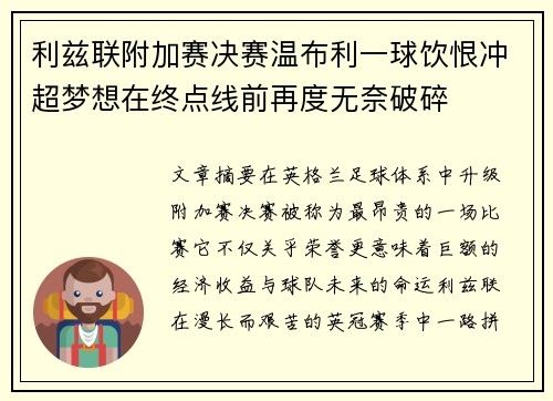 利兹联附加赛决赛温布利一球饮恨冲超梦想在终点线前再度无奈破碎