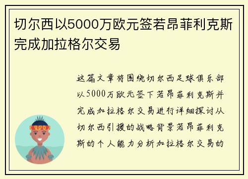 切尔西以5000万欧元签若昂菲利克斯完成加拉格尔交易
